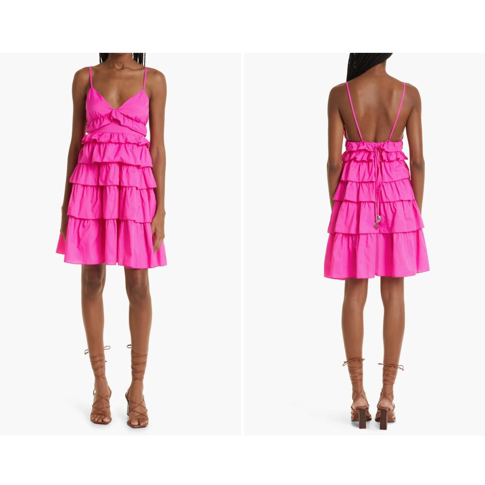 STAUD Rylie Tiered Ruffle Dress Hot Pink Tiered Size S